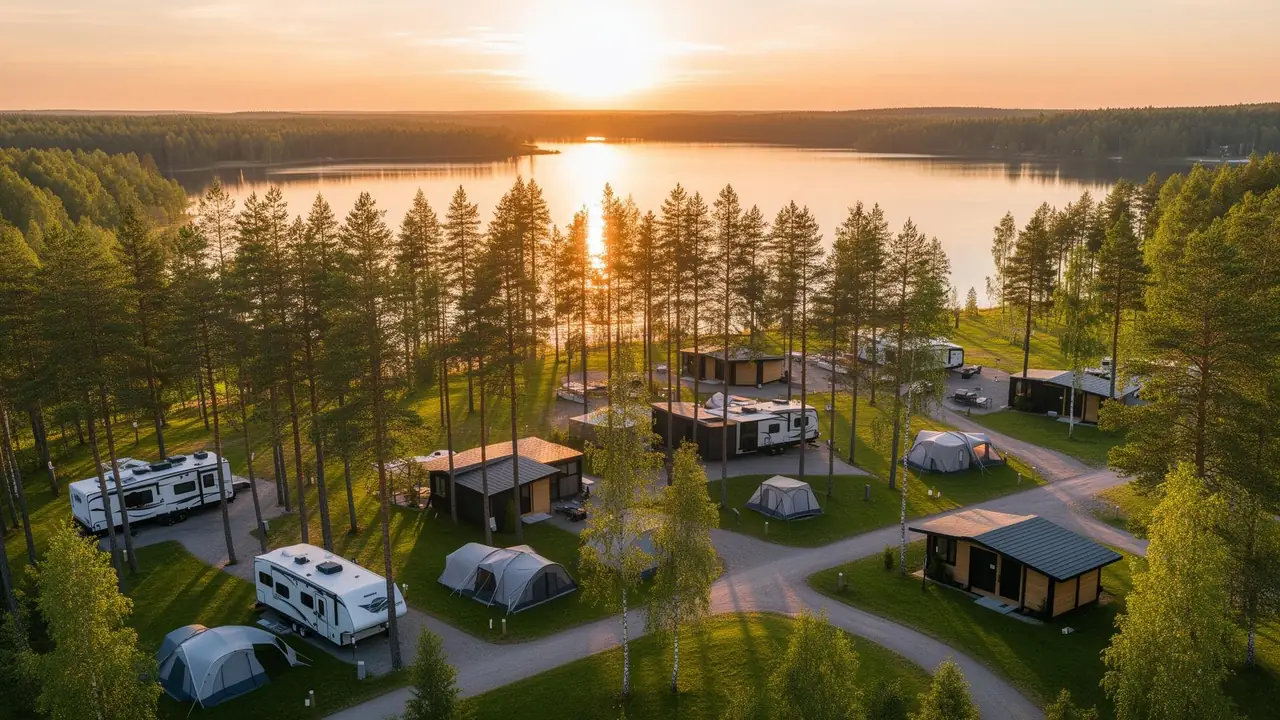 Conceptual illustration of lakeside RV sites, cabins, and tents among pine trees, without product screens or guest records